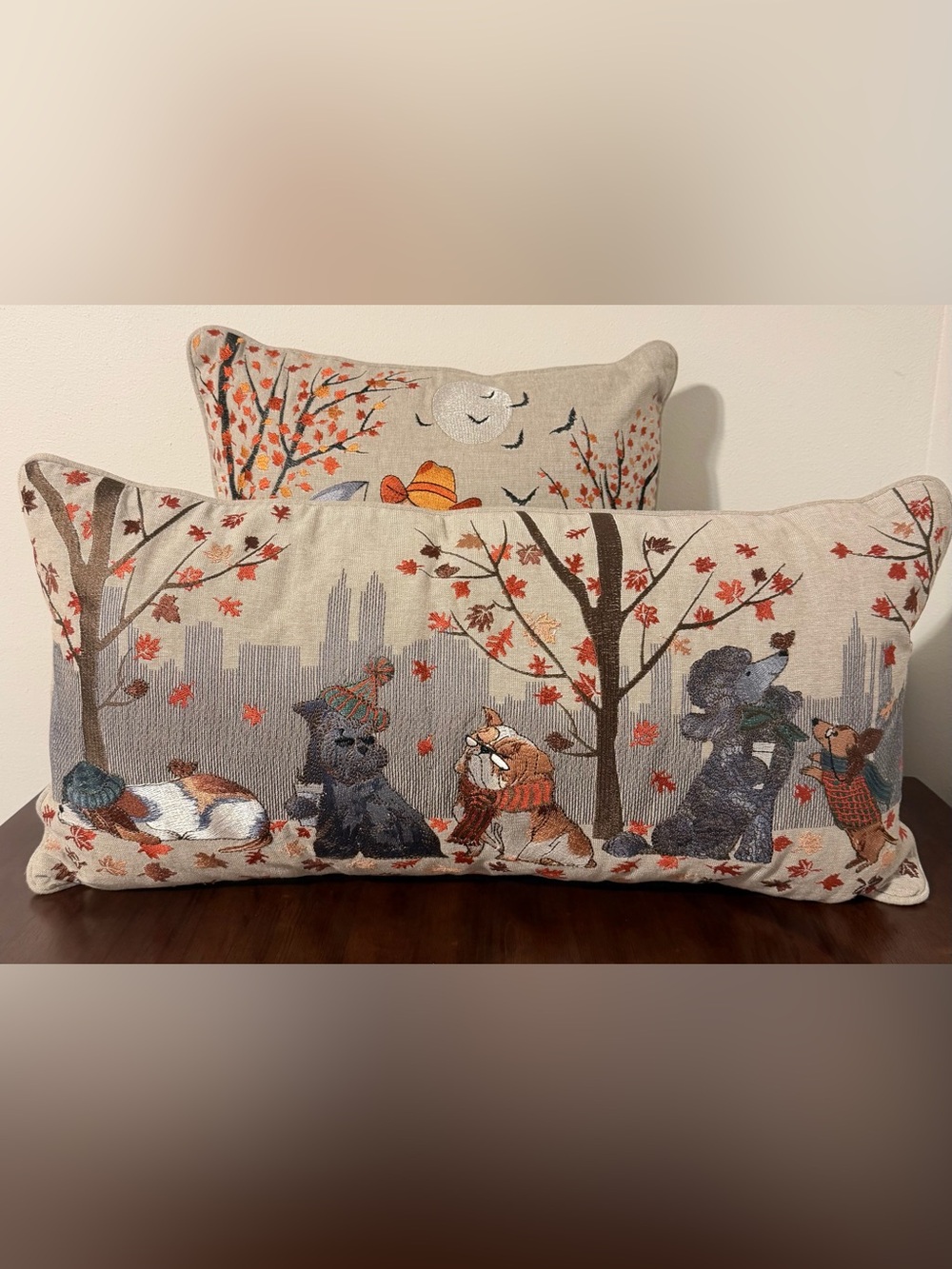 Pier 1 Set Of 2 Fall Halloween Embroidered Throw Pillows Dogs, Oblong & Square